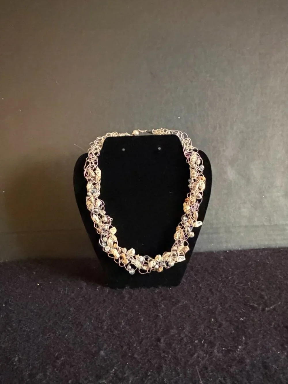 Wire-Woven SilverTone Necklace w/Seashells, Pearls, Faceted Crystal, Stone Chips